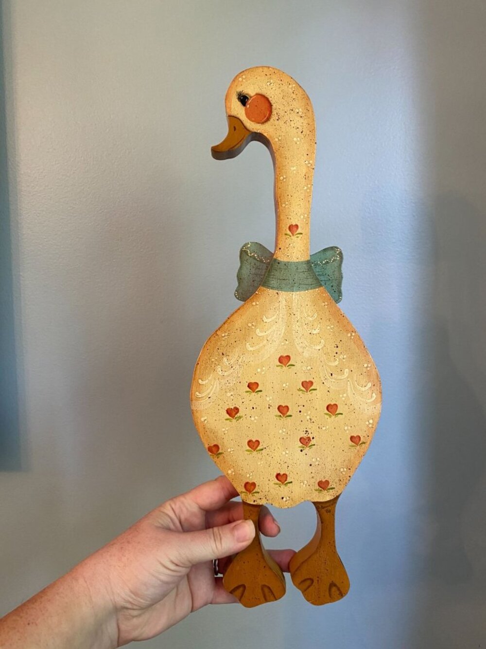 Vintage Hand-Painted Wooden Duck Wall Hanging With Heart & Bow Details Grandmaco